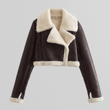 Cropped fleece-trim jacket — Dark Brown