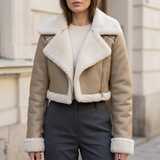 Cropped fleece-trim jacket — Khaki