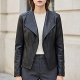 Fitted stitched-lapel faux leather jacket — Black
