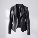Fitted stitched-lapel faux leather jacket — Black