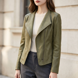 Fitted stitched-lapel faux leather jacket — Olive Green