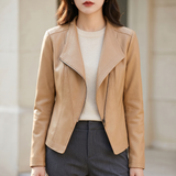 Fitted stitched-lapel faux leather jacket — Apricot