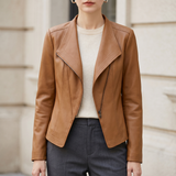 Fitted stitched-lapel faux leather jacket — Coffee