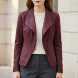 Fitted stitched-lapel faux leather jacket — Burgundy