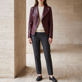 Fitted stitched-lapel faux leather jacket — Burgundy