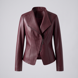 Fitted stitched-lapel faux leather jacket — Burgundy