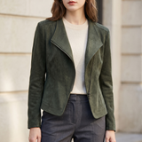Fitted stitched-lapel faux leather jacket — Suede-Look Green