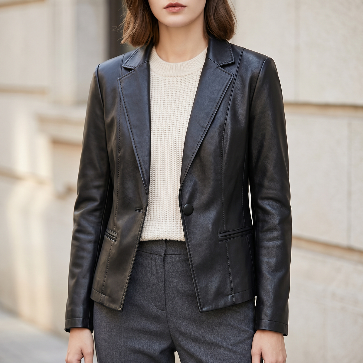 Single-button leather blazer — Black