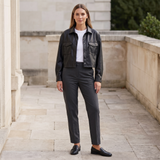 Black cropped faux leather shirt jacket — full-body outfit