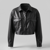 Black cropped faux leather shirt jacket — front product view