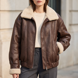 Women's Brown Fleece-Trim Aviator Jacket