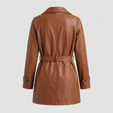 Brown belted faux leather coat — rear product view