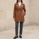 Brown belted faux leather coat — full-body outfit