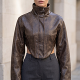 Corset-panel faux leather jacket — front lifestyle view