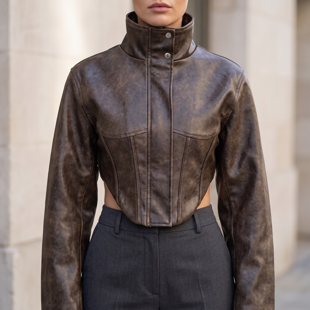 Corset-panel faux leather jacket — front lifestyle view
