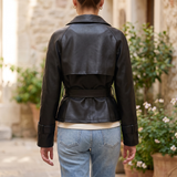 Women's Black Belted Faux Leather Jacket with Storm Flaps — Black — rear on model