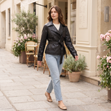 Women's Black Belted Faux Leather Jacket with Storm Flaps — Black — full-body view