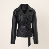 Women's Black Belted Faux Leather Jacket with Storm Flaps — Black — front product view