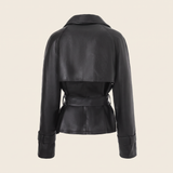 Women's Black Belted Faux Leather Jacket with Storm Flaps — Black — rear product view