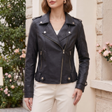 Women's Black Faux Leather Moto Jacket in Classic and Minimal Styles — Black — front on model