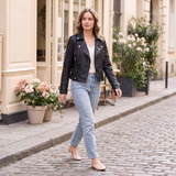 Women's Black Faux Leather Moto Jacket in Classic and Minimal Styles — Black — full-body view