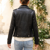Women's Black Faux Leather Moto Jacket in Classic and Minimal Styles — Black velvet — rear on model