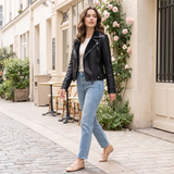 Women's Black Faux Leather Moto Jacket in Classic and Minimal Styles — Black velvet — full-body view