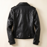 Women's Black Faux Leather Moto Jacket in Classic and Minimal Styles — Black velvet — rear product view
