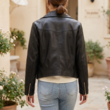 Women's Black Faux Leather Moto Jacket in Classic and Minimal Styles — 075 Black — rear on model