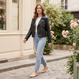 Women's Black Faux Leather Moto Jacket in Classic and Minimal Styles — 075 Black — full-body view