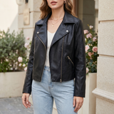 Women's Black Faux Leather Moto Jacket in Classic and Minimal Styles — 075 black velvet — front on model