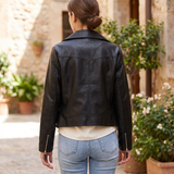 Women's Black Faux Leather Moto Jacket in Classic and Minimal Styles — 075 black velvet — rear on model