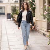 Women's Black Faux Leather Moto Jacket in Classic and Minimal Styles — 075 black velvet — full-body view