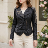 Women's Black Studded Faux Leather Jacket with Asymmetric Hem — Black — front on model