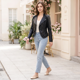Women's Black Studded Faux Leather Jacket with Asymmetric Hem — Black — full-body view