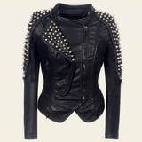 Women's Black Studded Faux Leather Jacket with Asymmetric Hem — Black — front product view