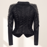Women's Black Studded Faux Leather Jacket with Asymmetric Hem — Black — rear product view