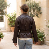 Women's Cropped Double-Breasted Faux Leather Jacket with Tie Belt — rear on model