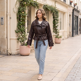 Women's Cropped Double-Breasted Faux Leather Jacket with Tie Belt — full-body view
