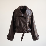 Women's Cropped Double-Breasted Faux Leather Jacket with Tie Belt — front product view