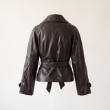 Women's Cropped Double-Breasted Faux Leather Jacket with Tie Belt — rear product view