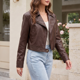 Women's Cropped Faux Leather Biker Jacket with Snap Hem — Brown — front on model