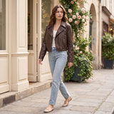 Women's Cropped Faux Leather Biker Jacket with Snap Hem — Brown — full-body view