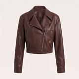 Women's Cropped Faux Leather Biker Jacket with Snap Hem — Brown — front product view