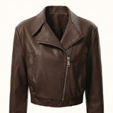 Women's Cropped Faux Leather Biker Jacket with Snap Hem — Brown — product detail