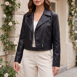 Women's Cropped Faux Leather Biker Jacket with Snap Hem — Black — front on model