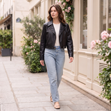 Women's Cropped Faux Leather Biker Jacket with Snap Hem — Black — full-body view