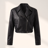 Women's Cropped Faux Leather Biker Jacket with Snap Hem — Black — front product view