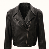 Women's Cropped Faux Leather Biker Jacket with Snap Hem — Black — product detail