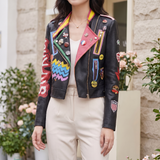 Women's Multicolor Graphic Faux Leather Biker Jacket — Black — front on model